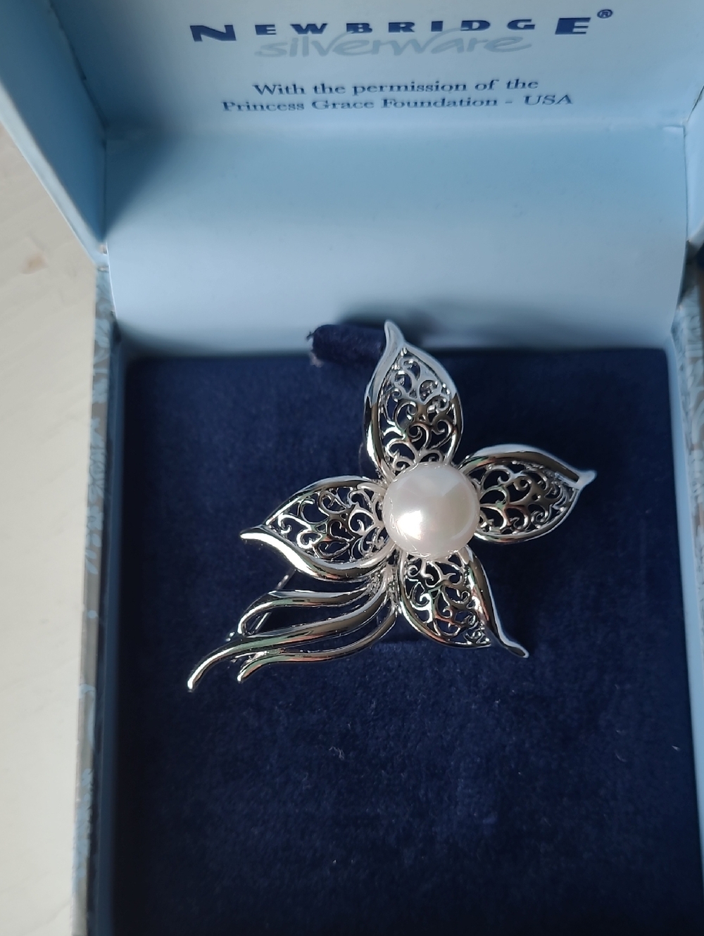 Plated Silver Floral Pearl Brooch- Newbridge